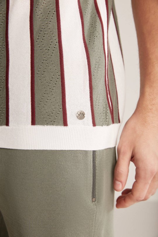 Çizgi Desen Haki-Beyaz Triko Polo