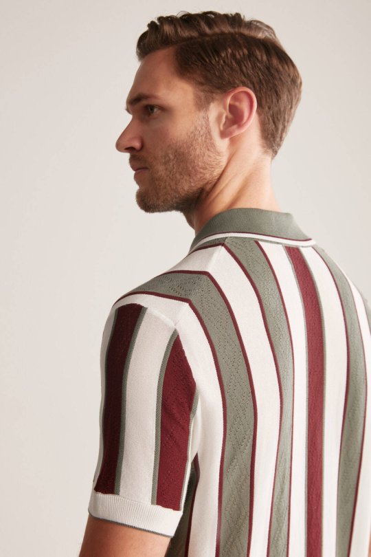 Çizgi Desen Haki-Beyaz Triko Polo