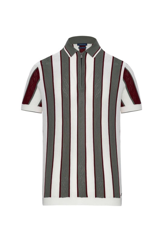 Çizgi Desen Haki-Beyaz Triko Polo