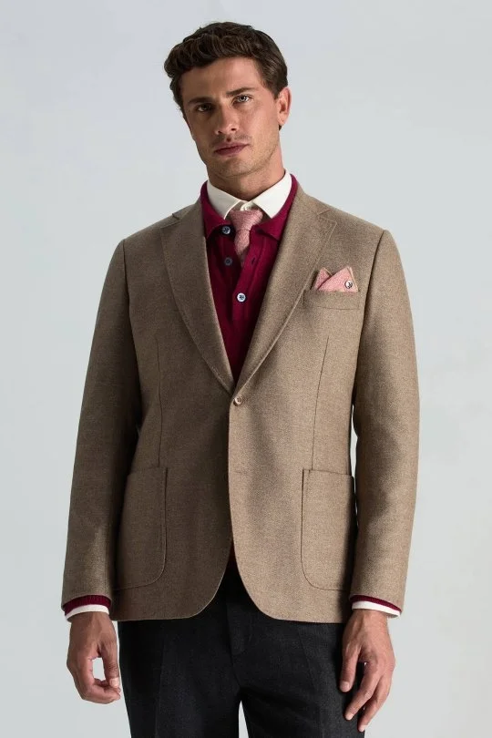 Hemington - Çizgi Desenli İpek Karışım Camel-Pembe Örgü Kravat