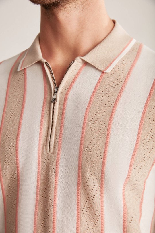 Çizgi Desen Krem Rengi-Beyaz Triko Polo