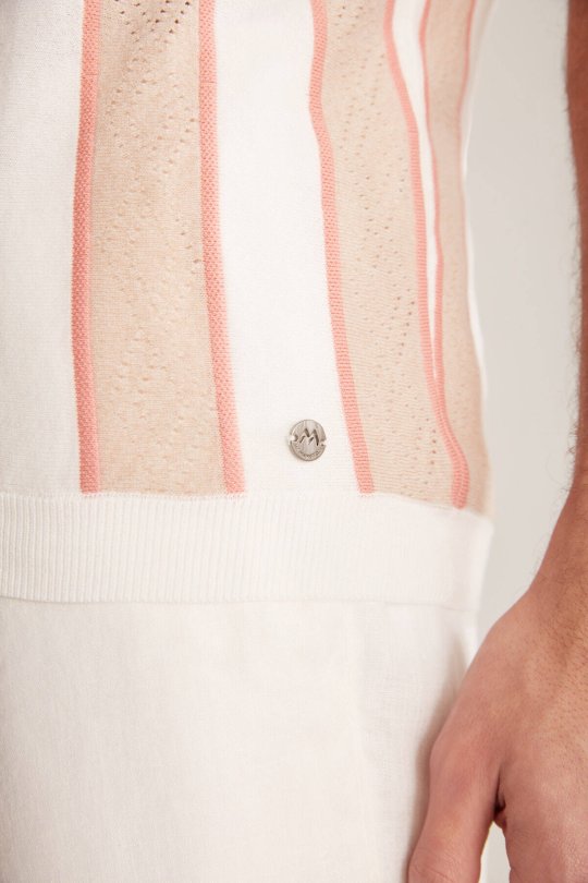 Çizgi Desen Krem Rengi-Beyaz Triko Polo