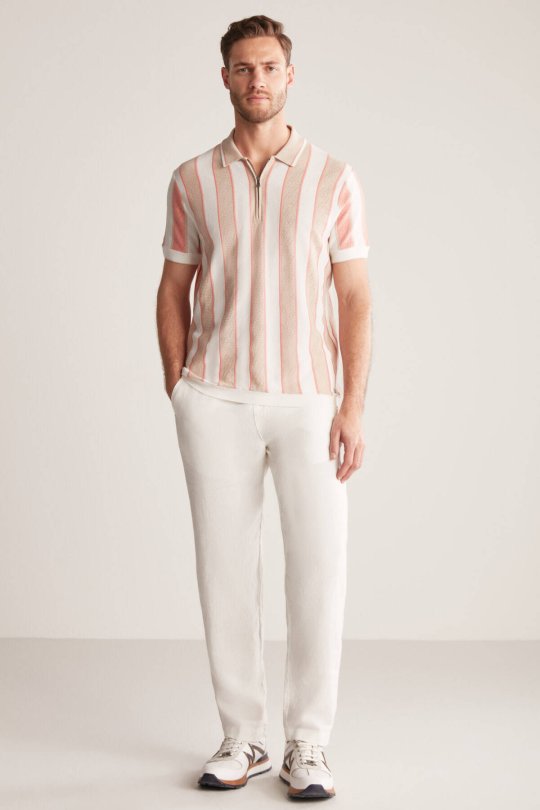 Çizgi Desen Krem Rengi-Beyaz Triko Polo