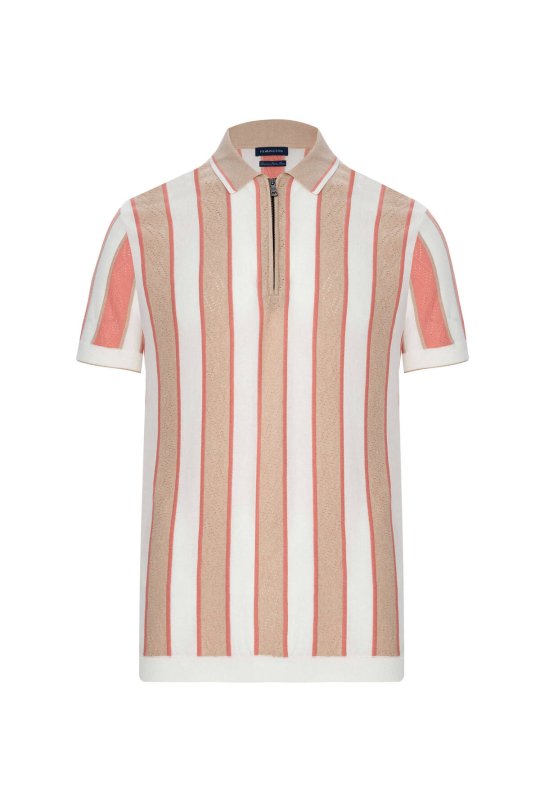 Çizgi Desen Krem Rengi-Beyaz Triko Polo