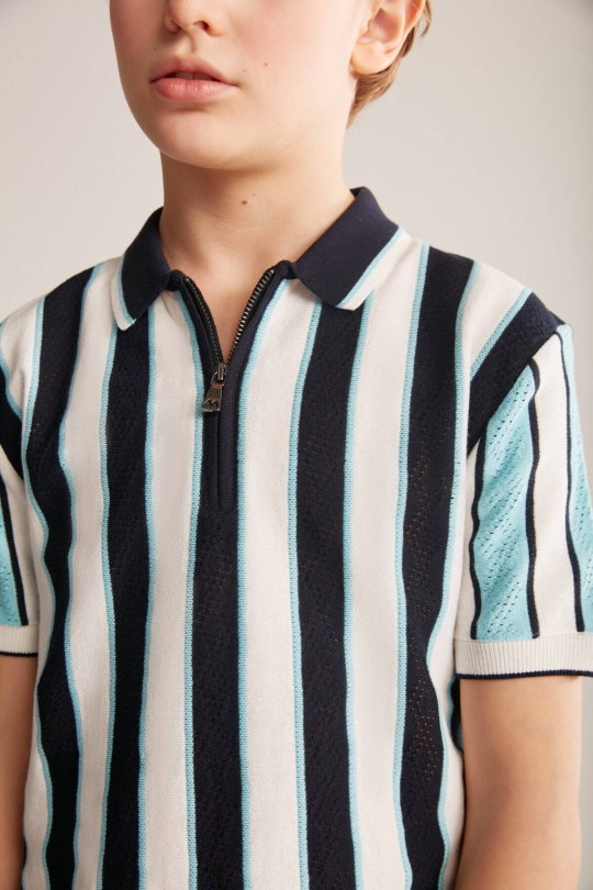 Çizgi Desen Lacivert-Beyaz Çocuk Triko Polo