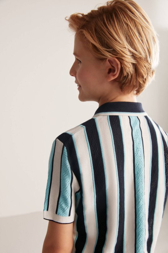 Çizgi Desen Lacivert-Beyaz Çocuk Triko Polo