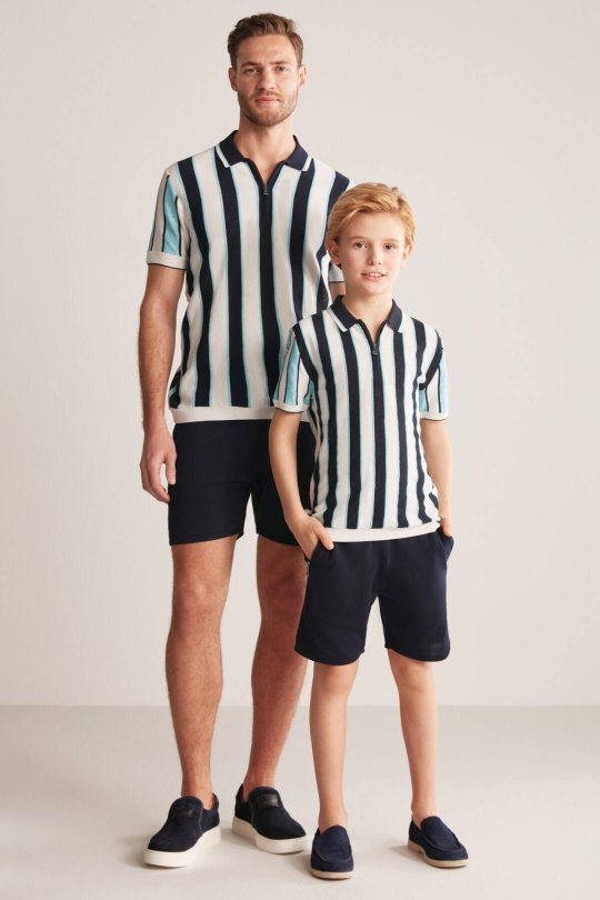 Çizgi Desen Lacivert-Beyaz Çocuk Triko Polo