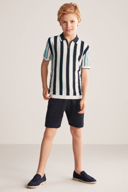 Çizgi Desen Lacivert-Beyaz Çocuk Triko Polo