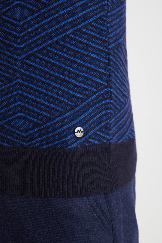 Çizgi Desen Lacivert Lambswool Yün Triko Süveter