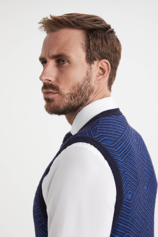 Çizgi Desen Lacivert Lambswool Yün Triko Süveter