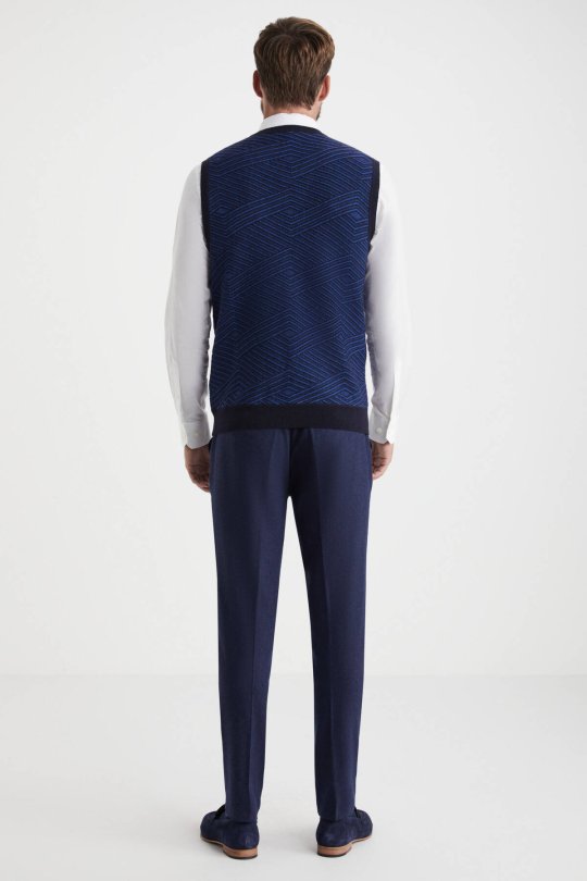 Çizgi Desen Lacivert Lambswool Yün Triko Süveter