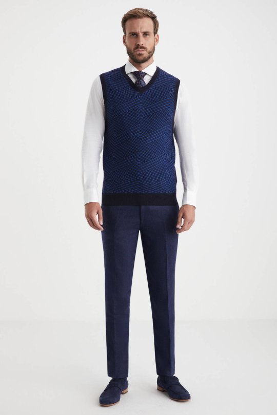 Çizgi Desen Lacivert Lambswool Yün Triko Süveter