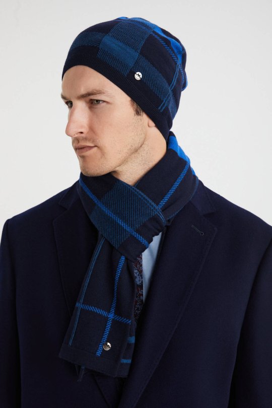 Çizgi Desen Lacivert Merino Yün Atkı