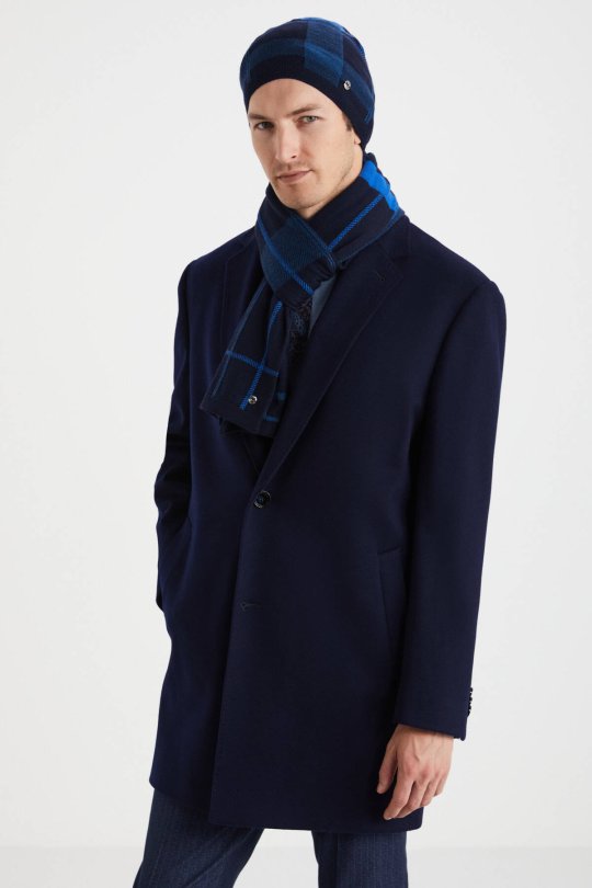 Çizgi Desen Lacivert Merino Yün Atkı