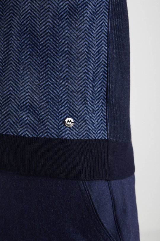 Herringbone Desen Lacivert Extrafine Merino Triko Yelek