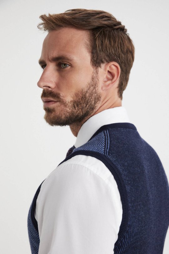 Herringbone Desen Lacivert Extrafine Merino Triko Yelek