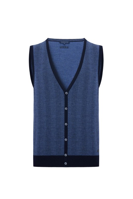 Herringbone Desen Lacivert Extrafine Merino Triko Yelek