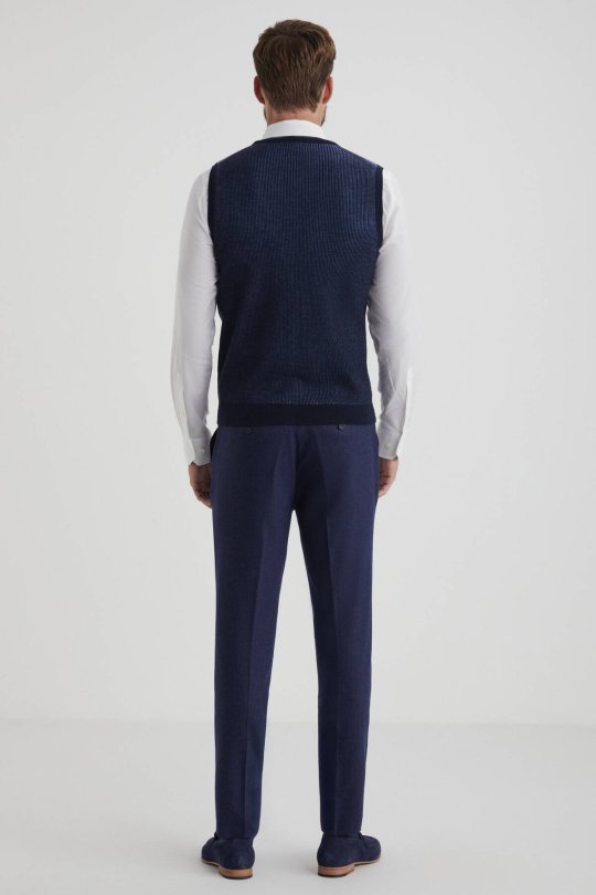 Herringbone Desen Lacivert Extrafine Merino Triko Yelek