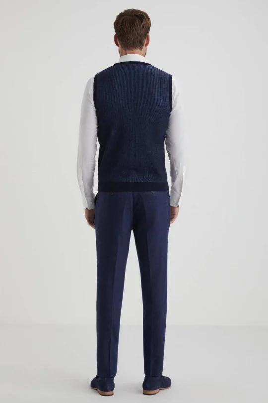 Hemington - Herringbone Desen Lacivert Extrafine Merino Triko Yelek (5)