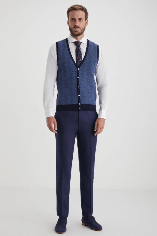 Herringbone Desen Lacivert Extrafine Merino Triko Yelek