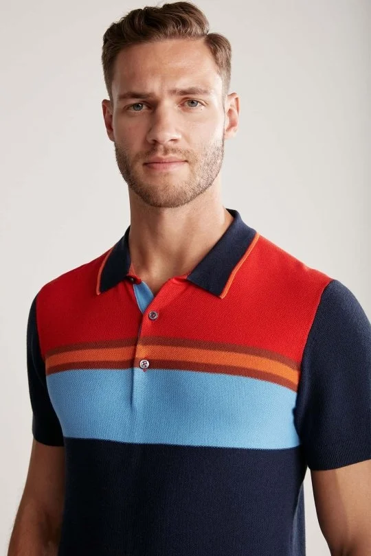Hemington - Çizgi Desen Lacivert Triko Polo (1)