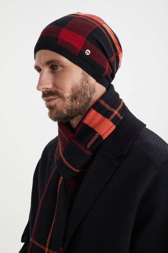 Çizgi Desen Siyah Merino Yün Atkı