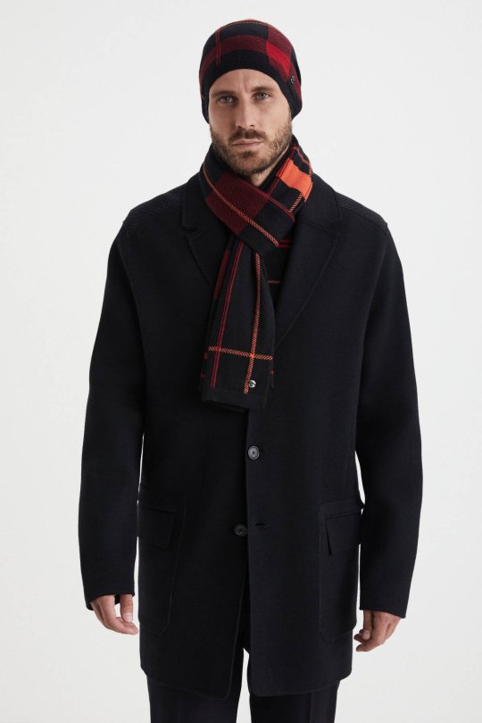 Çizgi Desen Siyah Merino Yün Atkı