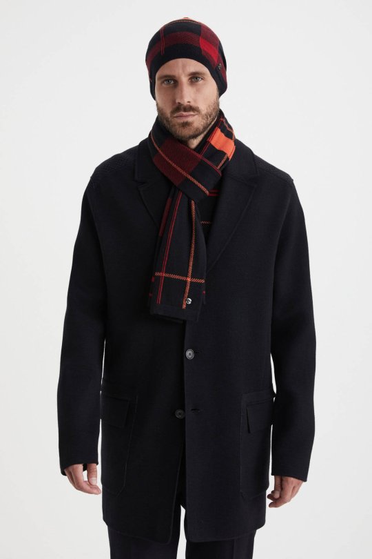 Çizgi Desen Siyah Merino Yün Bere