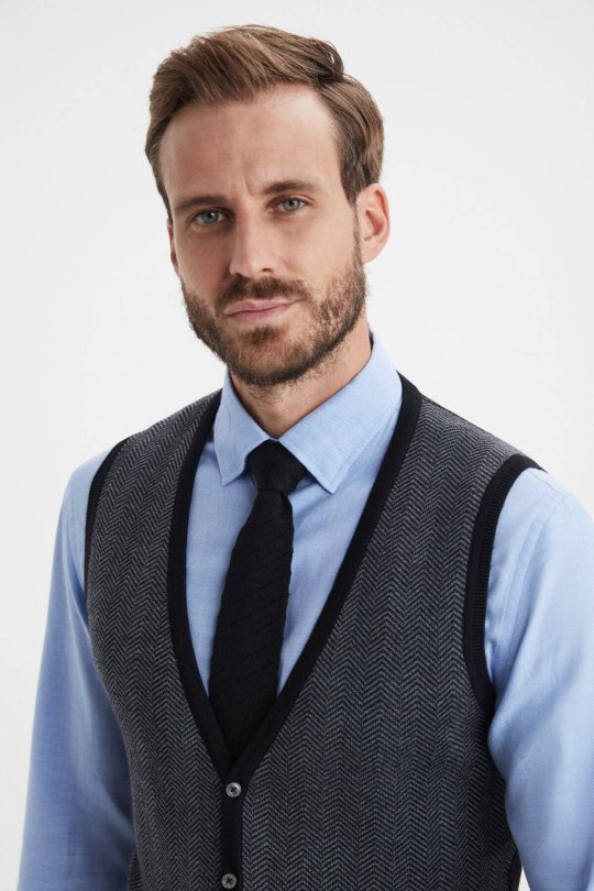 Herringbone Desen Siyah Extrafine Merino Triko Yelek