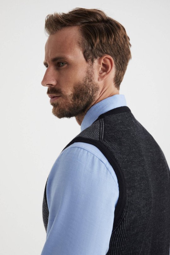 Herringbone Desen Siyah Extrafine Merino Triko Yelek