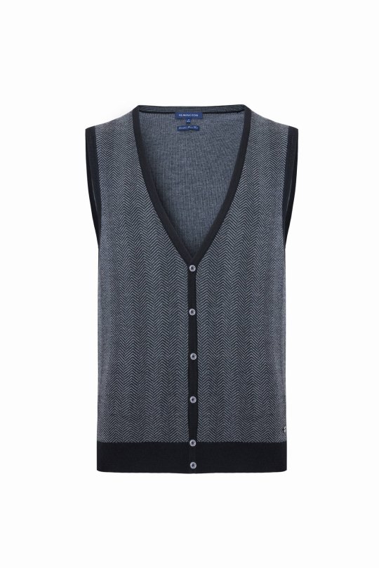 Herringbone Desen Siyah Extrafine Merino Triko Yelek