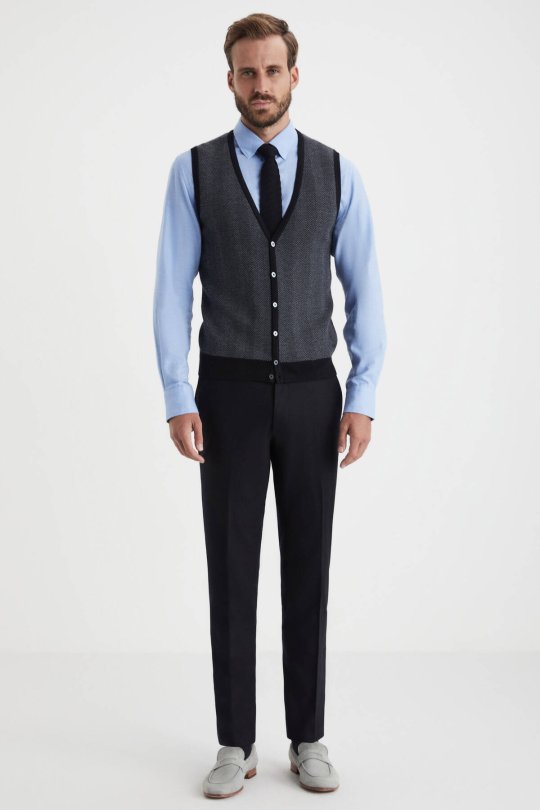 Herringbone Desen Siyah Extrafine Merino Triko Yelek