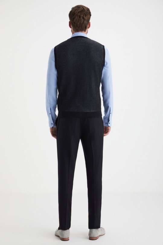 Herringbone Desen Siyah Extrafine Merino Triko Yelek