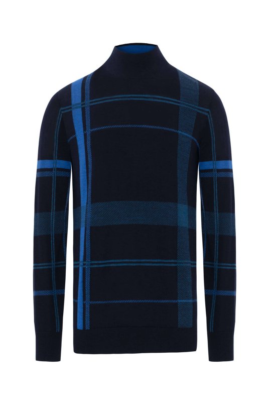 Çizgi Desen Yarım Balıkçı Yaka Lacivert Merino Yün Triko