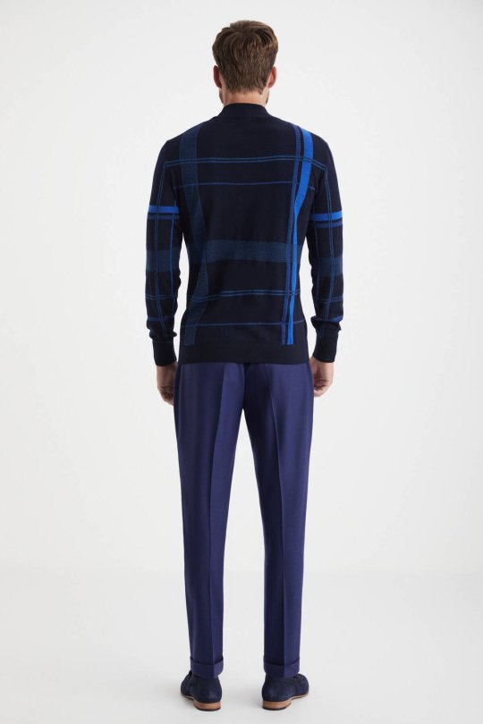 Çizgi Desen Yarım Balıkçı Yaka Lacivert Merino Yün Triko