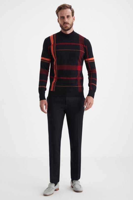 Çizgi Desen Yarım Balıkçı Yaka Siyah Merino Yün Triko