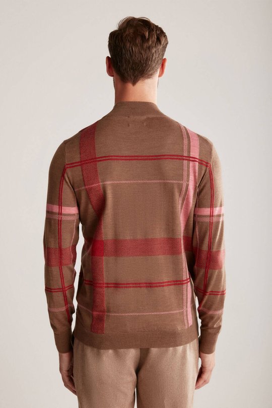 Çizgi Desen Yarım Balıkçı Yaka Tütün Rengi Merino Yün Triko