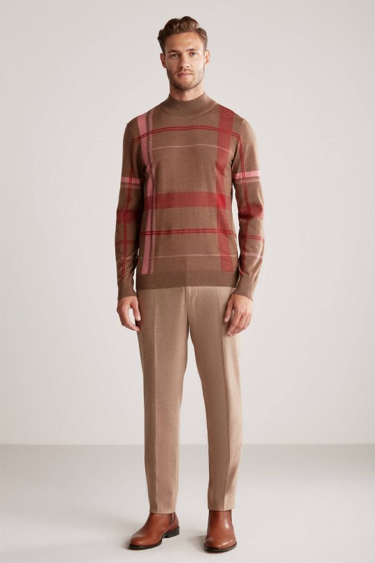 Çizgi Desen Yarım Balıkçı Yaka Tütün Rengi Merino Yün Triko