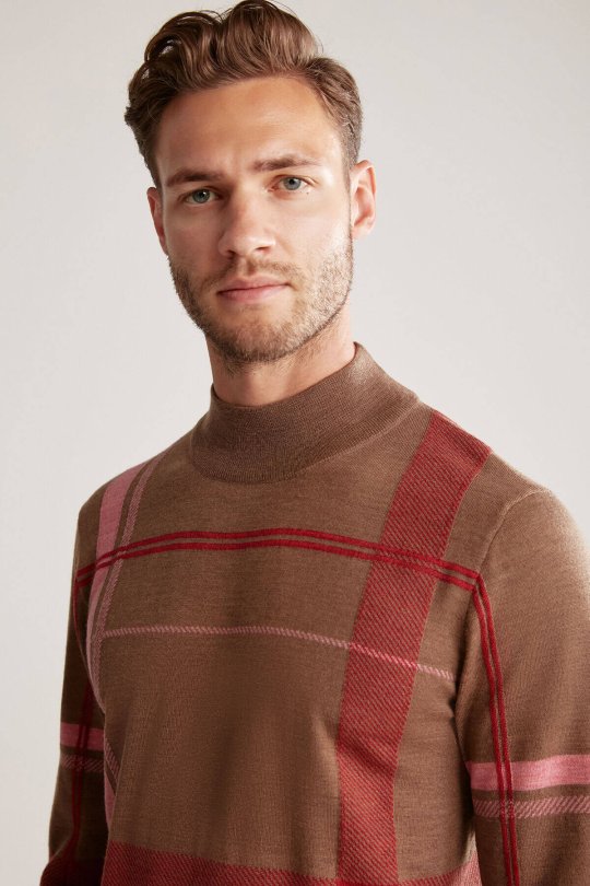 Çizgi Desen Yarım Balıkçı Yaka Tütün Rengi Merino Yün Triko