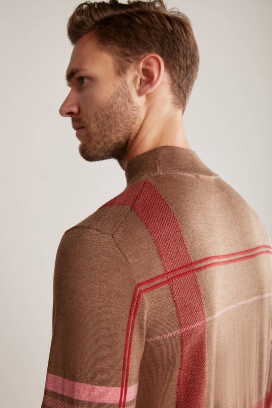 Çizgi Desen Yarım Balıkçı Yaka Tütün Rengi Merino Yün Triko