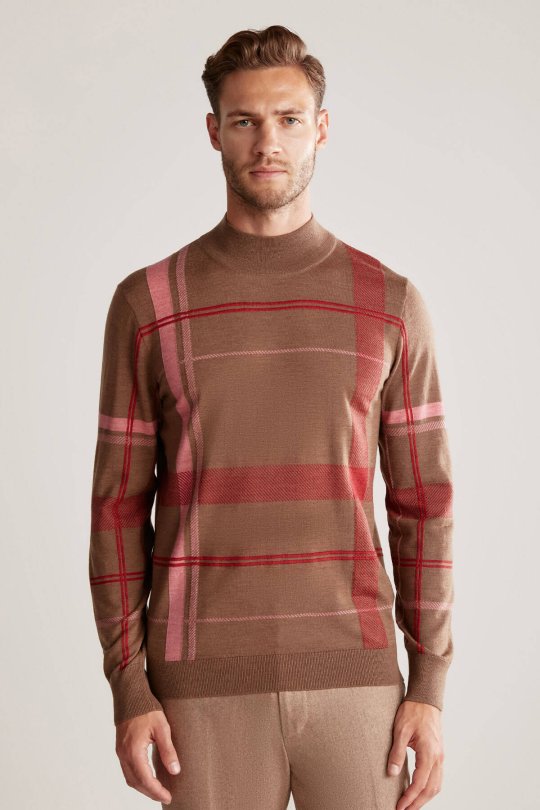 Çizgi Desen Yarım Balıkçı Yaka Tütün Rengi Merino Yün Triko