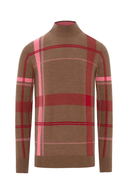 Çizgi Desen Yarım Balıkçı Yaka Tütün Rengi Merino Yün Triko