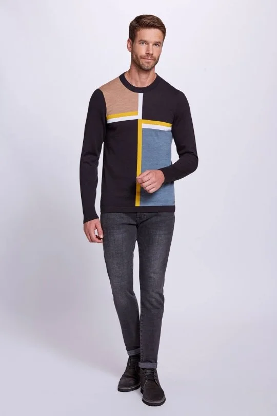 Çizgi Desen Yarım Balıkçı Yaka Siyah Triko