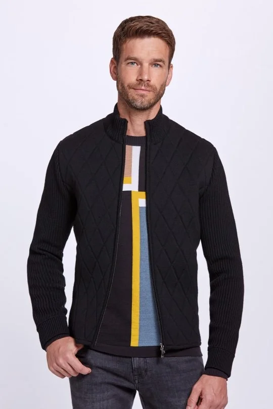 Çizgi Desen Yarım Balıkçı Yaka Siyah Triko