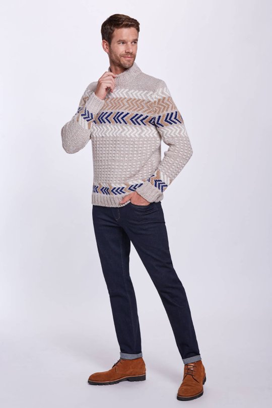 Çizgi Desen Yarım Boğazlı Kum Rengi Merino Yün Kazak