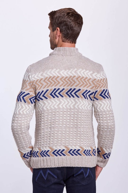 Çizgi Desen Yarım Boğazlı Kum Rengi Merino Yün Kazak