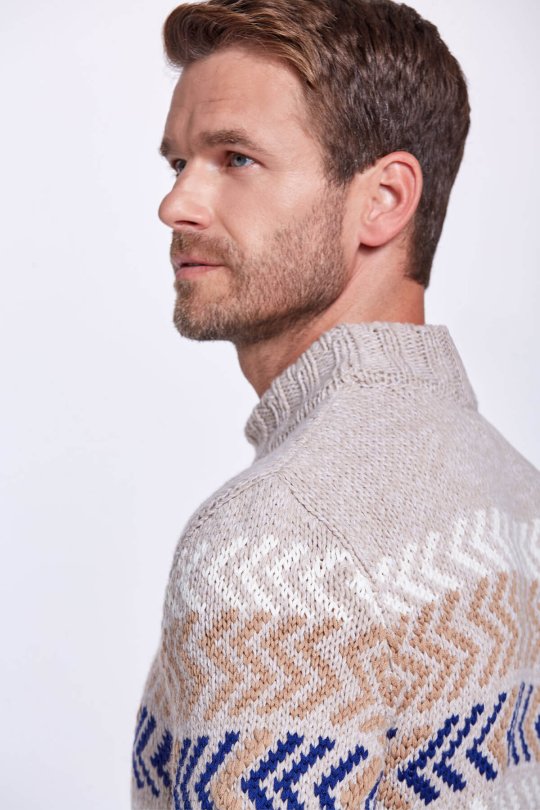 Çizgi Desen Yarım Boğazlı Kum Rengi Merino Yün Kazak