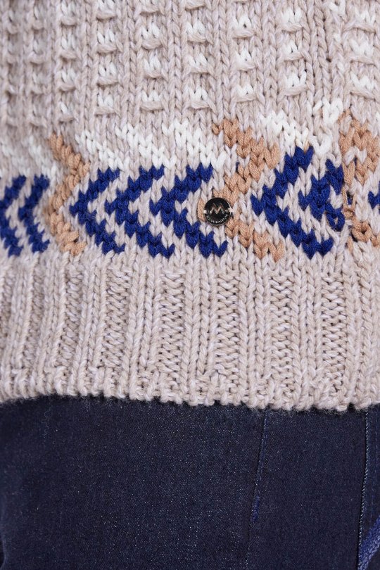 Çizgi Desen Yarım Boğazlı Kum Rengi Merino Yün Kazak