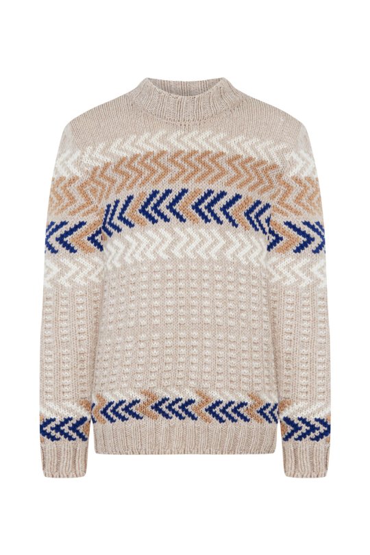 Çizgi Desen Yarım Boğazlı Kum Rengi Merino Yün Kazak