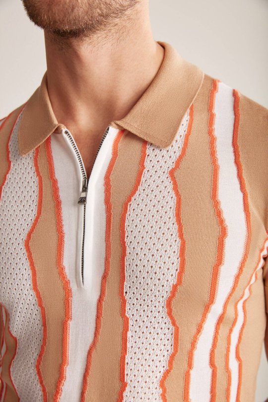 Çizgi Detaylı Kum Rengi Merserize Pamuk Triko Polo